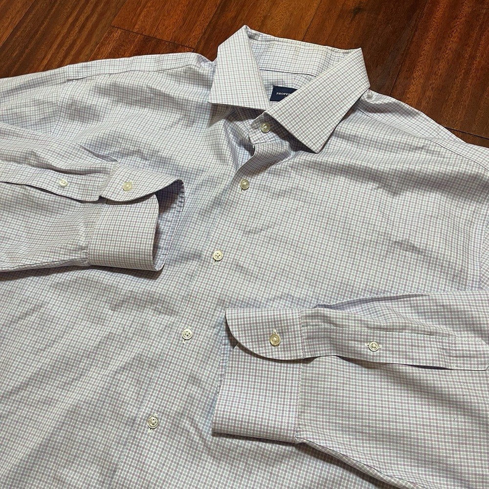 Proper Cloth Shirt Mens 2XL 17.5 37 Pink Blue Plaid Check Button Up Long SLeeve
